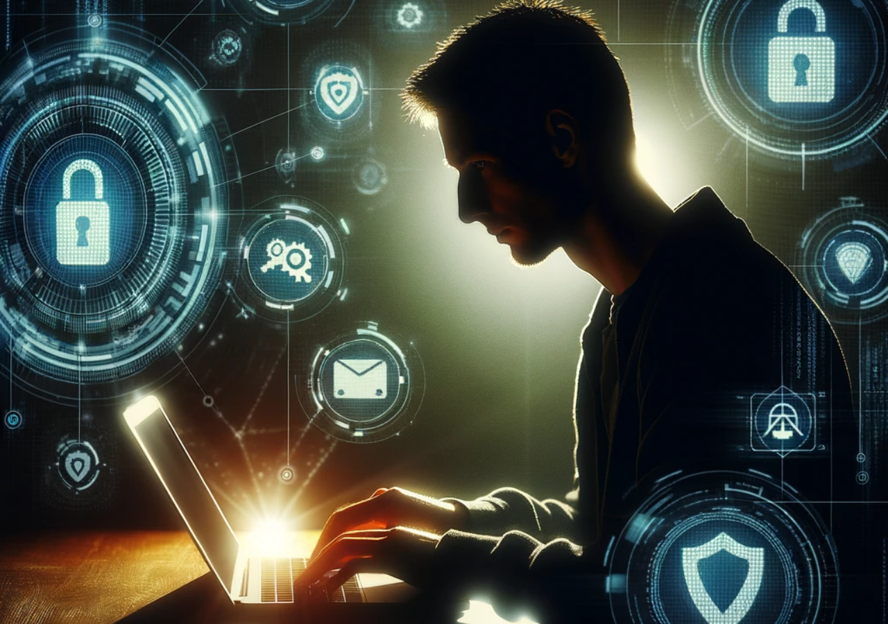 DALL·E 2024-02-27 00.12.07 - A silhouette of a person using a laptop in a dark room, surrounded by digital encryption symbols and icons representing privacy and security, with a f