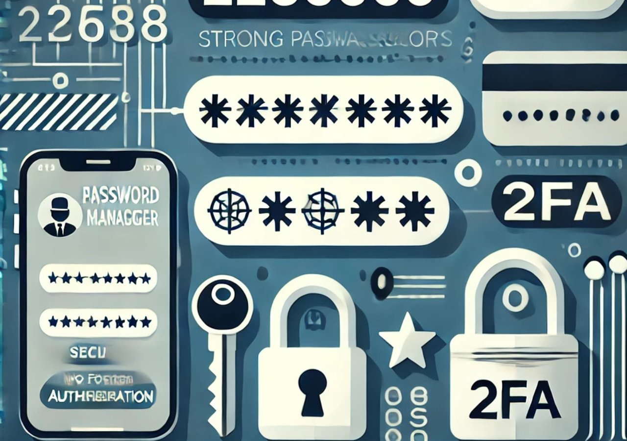 DALL·E 2024-07-16 11.02.18 - An image depicting best practices for password management. The image should include elements like a strong password creation (combination of letters,