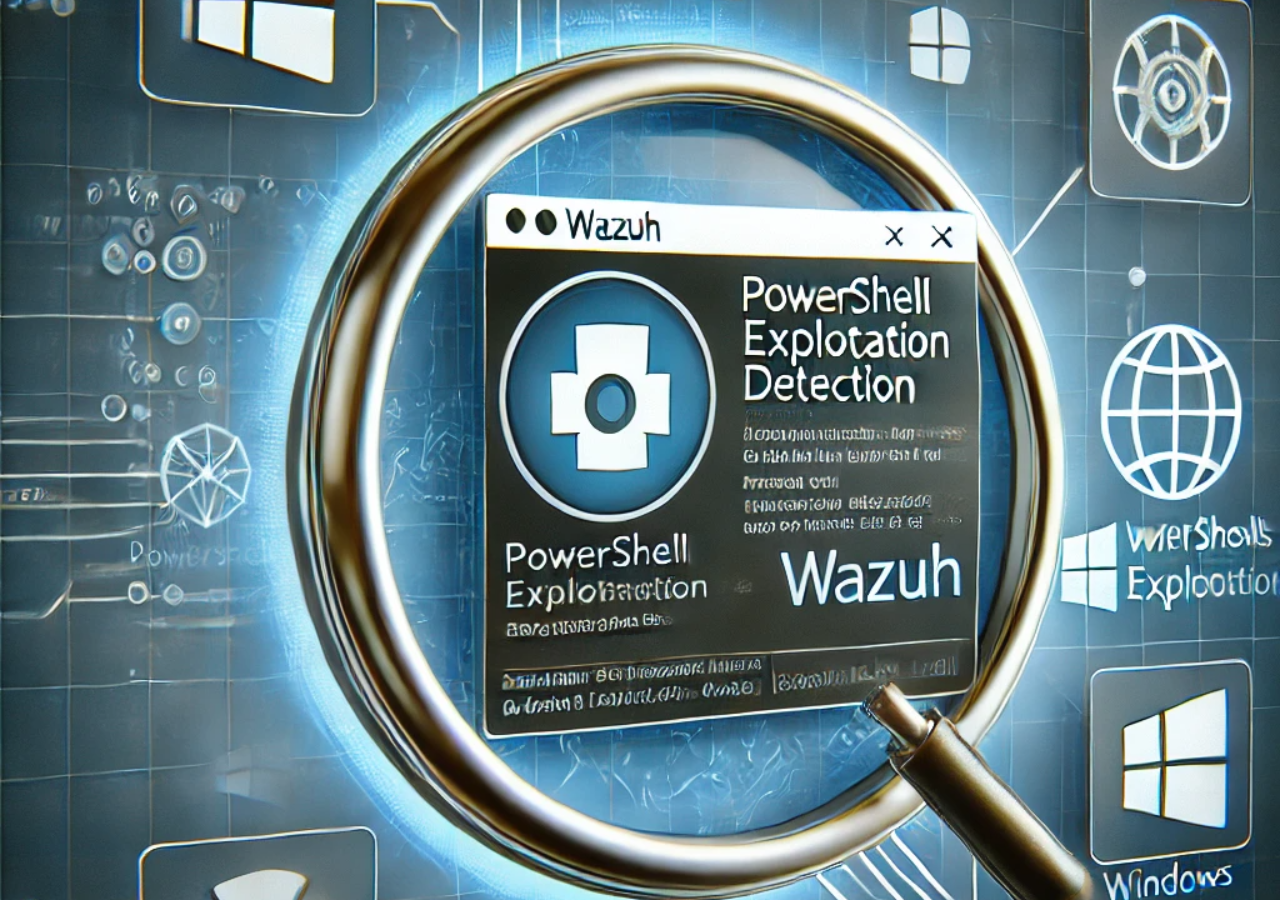 DALL·E 2025-01-21 10.36.13 - A modern and professional graphic representing PowerShell exploitation detection using Wazuh in a Windows environment. The design includes a magnifyin